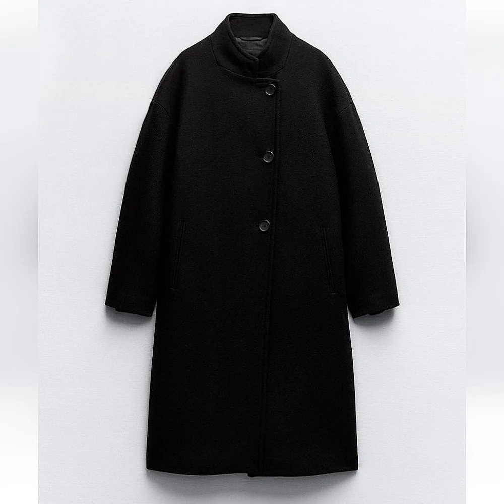 Zara Black Wool Blend High Collar Coat - Picture 4 of 11